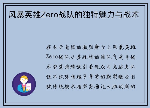 风暴英雄Zero战队的独特魅力与战术